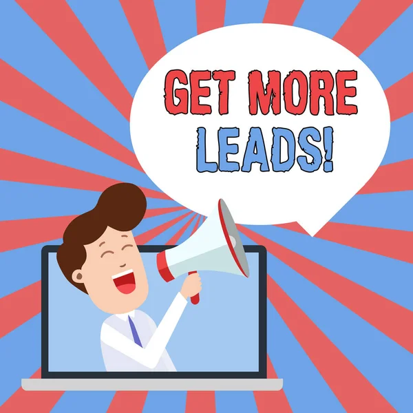 Get More Leads 'i gösteren bir not yazıyorum. İş fotoğraflarında tüketicinin ilgisini gösteren ya da araştırmacı ürünleri ya da hizmetleri sunan kişi dizüstü bilgisayardan hoparlör kabarcığına doğru konuşuyor.