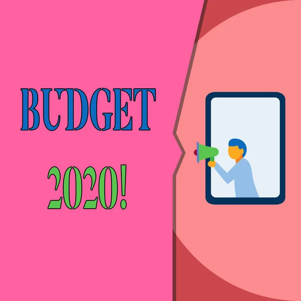 Word writing text Budget 2020. Business concept for estimate of income and expenditure for next or current year Isolated geometrical background man chest holding megaphone speech bubble.