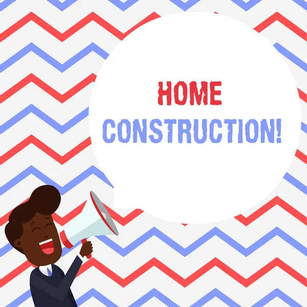 Handwriting text Home Construction. Concept meaning the process of constructing a living accommodation Young Man Shouting into Megaphone Floating Round Shape Empty Speech Bubble. — Stock Photo, Image