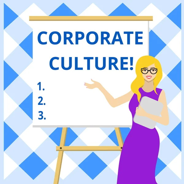 Fogalmi kéz írása mutatja Corporate kultúra. Üzleti fotó bemutató hiedelmek és attitűdök jellemző a társaság női szemüveg állandó faliújság a stand bemutatása. — Stock Fotó