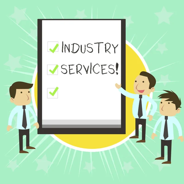 Text sign showing Industry Services. Conceptual photo type of business that provides services to customers Business People Colleagues Discuss Missions Presentation Whiteboard Ticks. — Stock Photo, Image