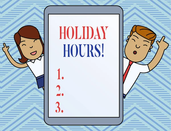 Conceptual hand writing showing Holiday Hours. Business photo text Overtime work on for employees under flexible work schedules Male and Female Index Fingers Tablet Smartphone Device.