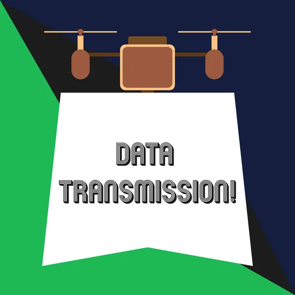 Text sign showing Data Transmission. Conceptual photo sending data electronically over a communications network Drone holding downwards banner. Geometrical abstract background design. — Φωτογραφία Αρχείου