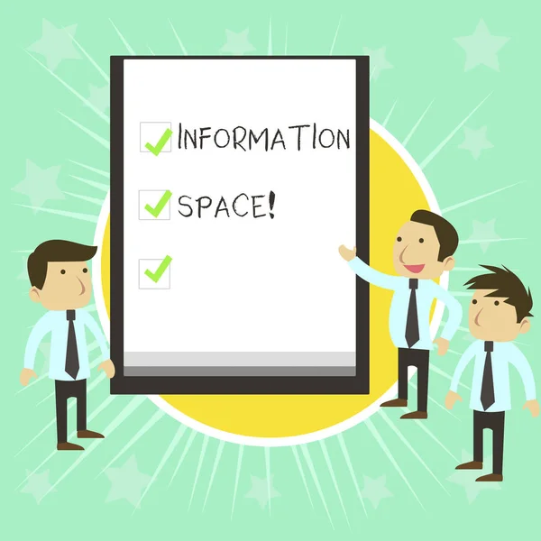 Text sign showing Information Space. Conceptual photo place especially a website where information is available Business People Colleagues Discuss Missions Presentation Whiteboard Ticks. — Stock Photo, Image