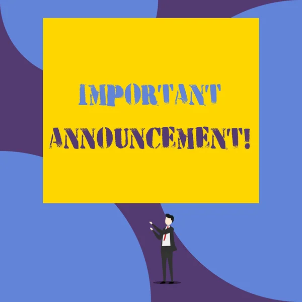 Text sign showing Important Announcement. Conceptual photo spoken statement that tells showing about something Isolated view young man standing pointing upwards two hands big rectangle. — Stock Photo, Image