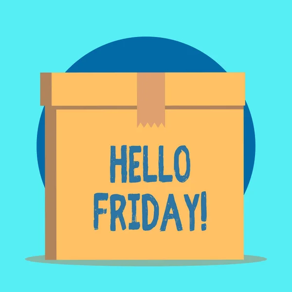 Writing note showing Hello Friday. Business photo showcasing used to express happiness from beginning of fresh week Rectangular equal size hard carton cardboard with irregular zigzag tape.