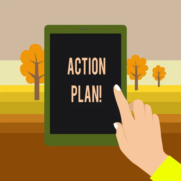 Text sign showing Action Plan. Conceptual photo proposed strategy or course of actions for certain time Female Hand with White Polished Nails Pointing Finger Tablet Screen Off.