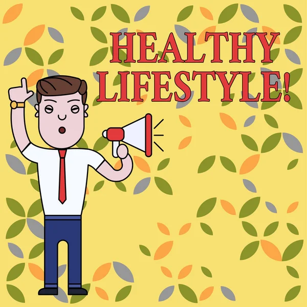 Text sign showing Healthy Lifestyle. Conceptual photo way of living that lowers the risk of being seriously ill Man Standing with Raised Right Index Finger and Speaking into Megaphone. — Stock fotografie