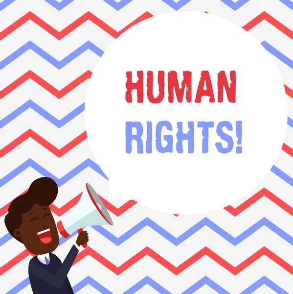 Handwriting text Huanalysis Rights. Concept meaning the equality of fighting for your rights individuality Young Man Shouting into Megaphone Floating Round Shape Empty Speech Bubble. — Stock Photo, Image