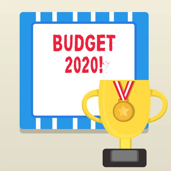 Word writing text Budget 2020. Business concept for estimate of income and expenditure for next or current year Trophy Cup on Pedestal with Plaque Decorated by Medal with Striped Ribbon.