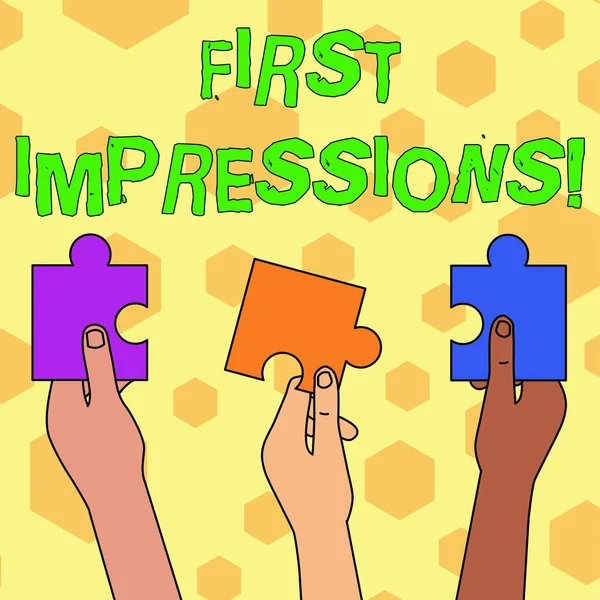 Word writing text First Impressions. Business concept for first consideration or judgment towards a demonstrating Three Colored Empty Jigsaw Puzzle Pieces Held in Different People Hands.