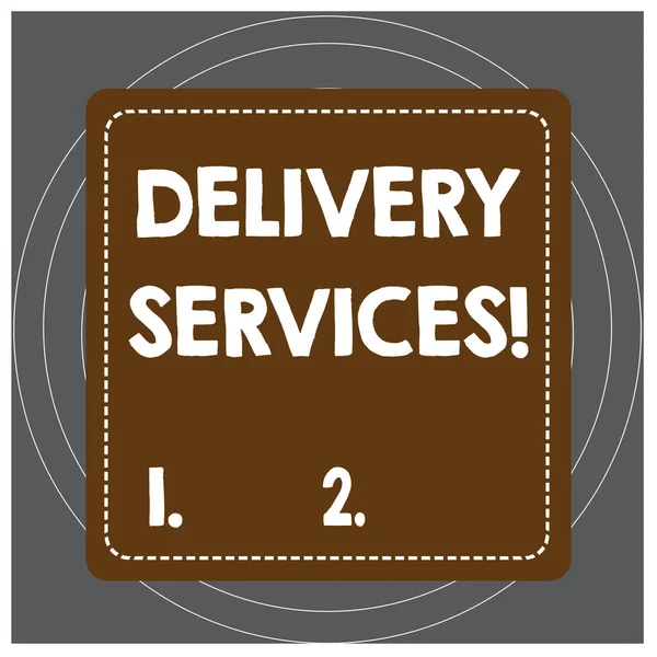 Writing note showing Delivery Services. Business photo showcasing the transport of items between two or more parties Dashed Stipple Line Blank Square Colored Cutout Frame Bright Background. — Stok fotoğraf