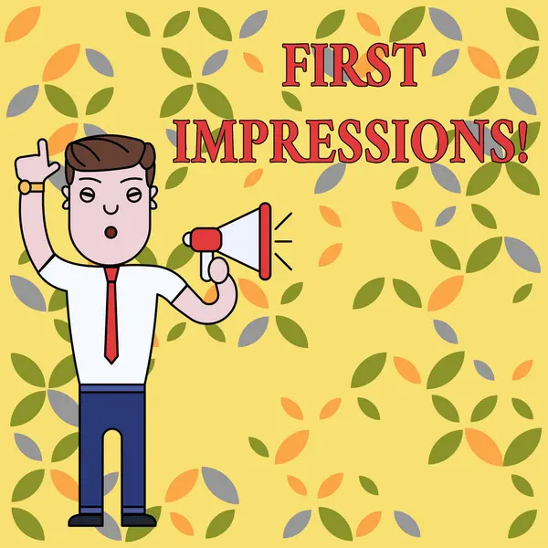 Text sign showing First Impressions. Conceptual photo first consideration or judgment towards a demonstrating Man Standing with Raised Right Index Finger and Speaking into Megaphone. — Stock Photo, Image