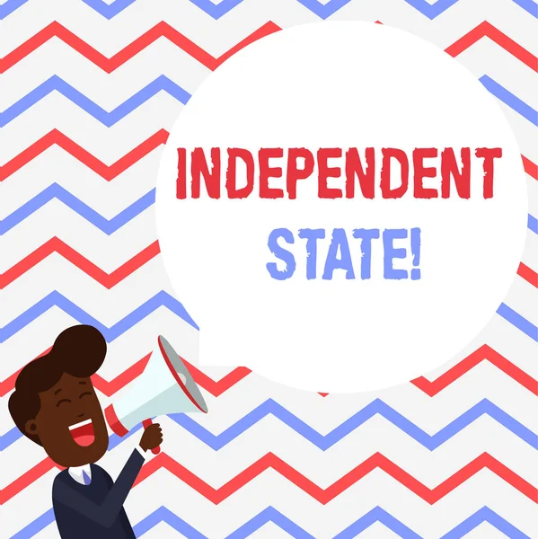 Handwriting text Independent State. Concept meaning ability of the state to be independent and have autonomy Young Man Shouting into Megaphone Floating Round Shape Empty Speech Bubble.