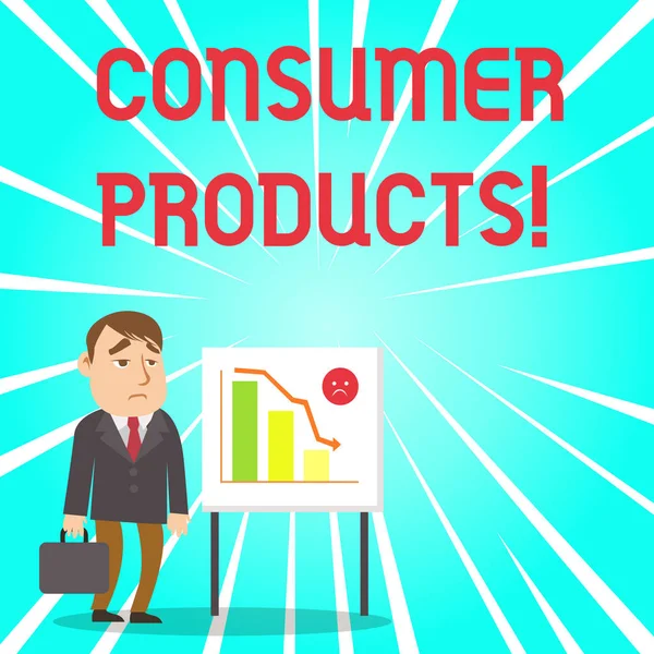 Texto manuscrito Productos de consumo. Concepto que significa que los bienes comprados para el consumo por el consumidor promedio Empresario con el breve caso de pie pizarra en declive Gráfico de barras . — Foto de Stock