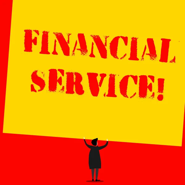 Text sign showing Financial Service. Conceptual photo economic services provided by the finance industry Man stands in back view under huge empty blank big tilted rectangle board.