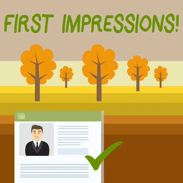Conceptual hand writing showing First Impressions. Business photo showcasing first consideration or judgment towards a demonstrating Curriculum Vitae Resume of Candidate Marked by Color Mark. — Stock Photo, Image