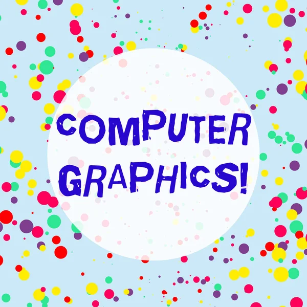Texto manuscrito Computer Graphics. Conceito que significa representações visuais de dados exibidos em um monitor Multicolored Confetti Round Inkblots Randomly Scattered Blue Background . — Fotografia de Stock