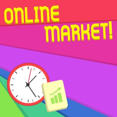 Çevrimiçi Pazarı gösteren metin işareti. Artan Çubuk Grafik ve Ok İşaret Yukarı ile bir ürün Düzen Duvar Saat Not Defteri satmak için web tabanlı kanallar yararlanarak kavramsal fotoğraf uygulaması.