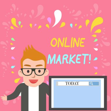 Online Market 'te kelime yazma metni. Ekran Sunumunda veya Raporunda Arama Aracı ile bir Erkek Hoparlör Monitörü satmak için web tabanlı kanalları çalıştırma konsepti.
