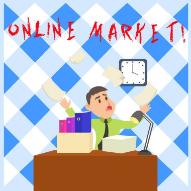 Online Market 'i gösteren kavramsal el yazısı. Ürün Yöneticisi Cluttered Workspace Exflow Time Shortage 'ı satmak için web tabanlı kanalları kaldırma uygulaması.