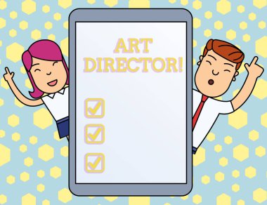 El yazısı metin yazma Sanat Yönetmeni. Bir filmin Sanatsal yönlerini denetlemekten sorumlu kavram anlamı Erkek ve Kadın Endeksi Fingers Up Touch Screen Tablet Smartphone Device.