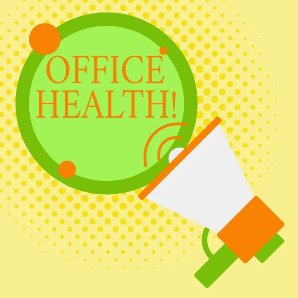 Написання тексту Office Health. Бізнес-концепція для поліпшення загального фізичного та психічного стану співробітників SpeakingTrumpet Порожня кругла смуга мовлення Текстова куля Оголошення . — стокове фото