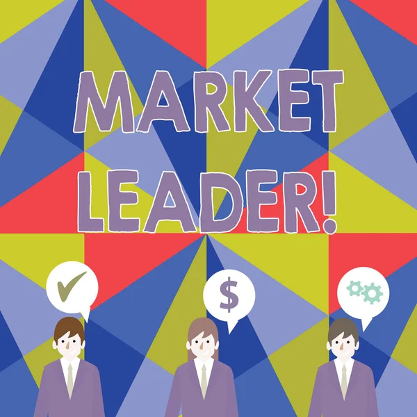 Handwriting text Market Leader. Concept meaning company selling the largest quantity of a particular product Businessmen Each has their Own Speech Bubble with Optimization Cost Icons.