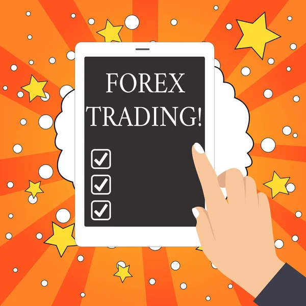 Tulisan tangan konseptual menunjukkan Forex Trading. Foto bisnis yang menampilkan pertukaran mata uang antara dua atau lebih negara Tangan Perempuan dengan Paku yang Dipoles Tablet Layar Dilepas . — Stok Foto