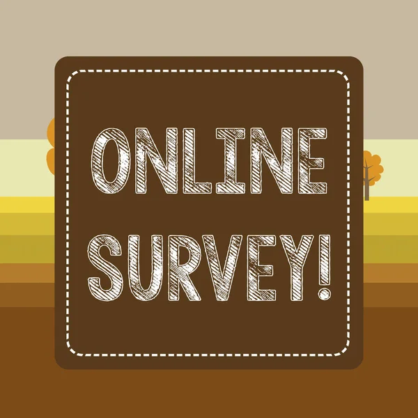 Text sign showing Online Survey. Conceptual photo type of assessment that is conducted via the Internet Dashed Stipple Line Blank Square Colored Cutout Frame Bright Background.