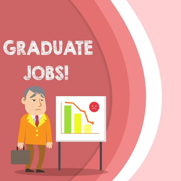 Conceptual hand writing showing Graduate Jobs. Business photo text require someone to hold a degree to start their career Businessman with Brief Case Standing Whiteboard Bar Chart.