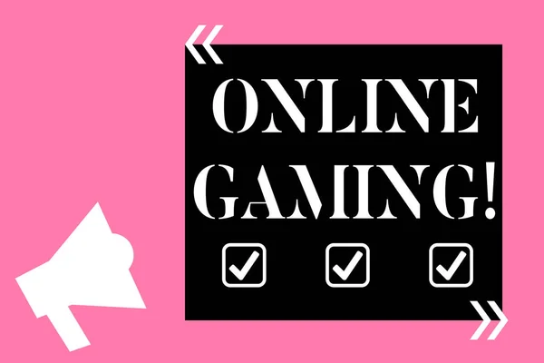 Text sign showing Online Gaming. Conceptual photo action or practice of playing video games on the internet Isolated Megaphone Pointing Upward to Empty Text Box in Quotation Marks.