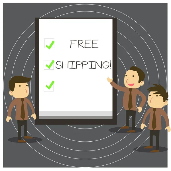 Text sign showing Free Shipping. Conceptual photo directly deliver to the recipient s is address without charge Business People Colleagues Discuss Missions Presentation Whiteboard Ticks. — Stock Photo, Image