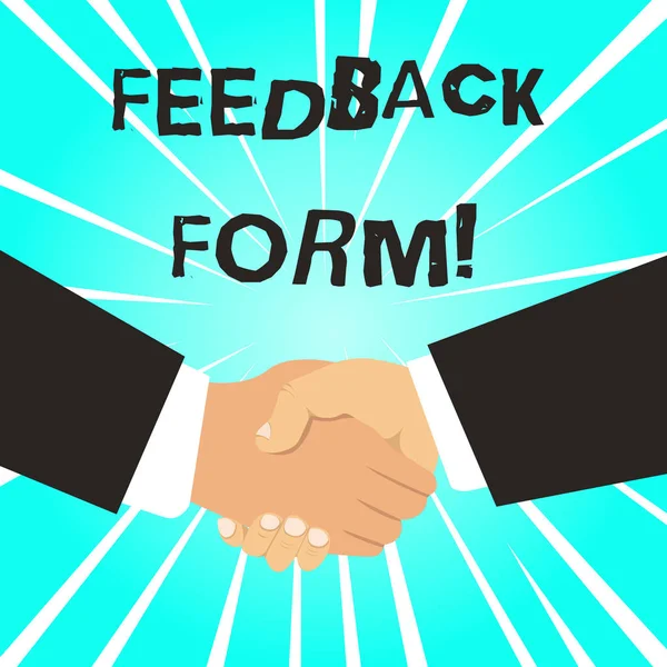 Nota di scrittura che mostra il modulo di feedback. Business photo showcase modo in cui si ottiene il commento del cliente sul prodotto Stringere la mano Multirazziale Maschio Business Partner Abiti formali . — Foto Stock