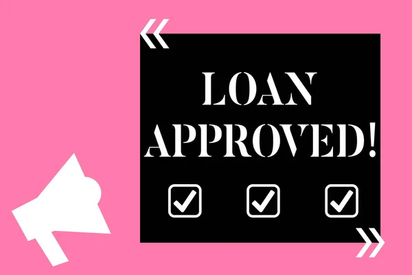 Text sign showing Loan Approved. Conceptual photo sum of money borrowed by a customer to a bank is granted Isolated Megaphone Pointing Upward to Empty Text Box in Quotation Marks.