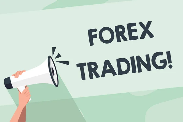 Slovo psaní textu Forex Trading. Obchodní koncepce pro výměnu měn mezi dvěma nebo více zeměmi Human Hand Drží pevně Megaphone se zvukovou ikonou a prázdný textový prostor. — Stock fotografie