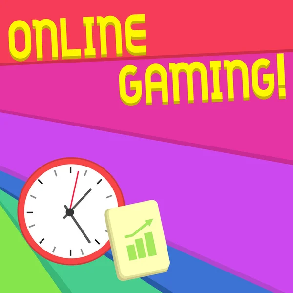 Text sign showing Online Gaming. Conceptual photo action or practice of playing video games on the internet Layout Wall Clock Notepad with Escalating Bar Graph and Arrow Pointing Up.