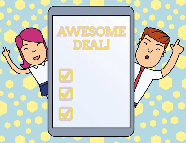 Handwriting text writing Awesome Deal. Concept meaning A large but indefinite quantity as like as a good deal of money Male and Female Index Fingers Up Touch Screen Tablet Smartphone Device. — Φωτογραφία Αρχείου