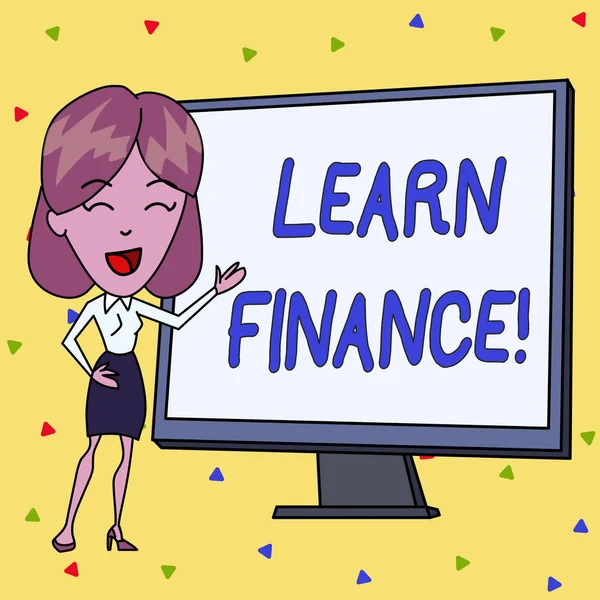 Handwriting text writing Learn Finance. Concept meaning study which figures out how showing and business uses money White Female in Standing Pointing Blank Screen Whiteboard Presentation.