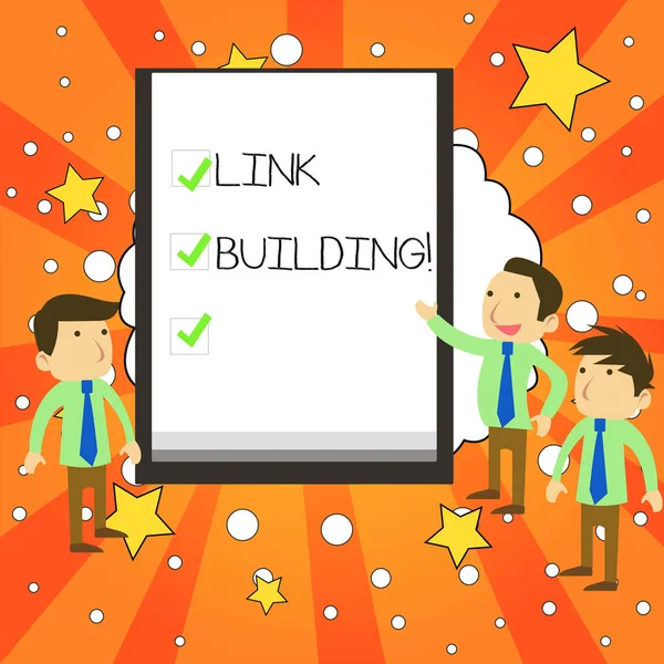 Writing note showing Link Building. Business photo showcasing process of acquiring hyperlinks from other website to your own Business Colleagues Discuss Missions Presentation Whiteboard Ticks. — Stock Photo, Image