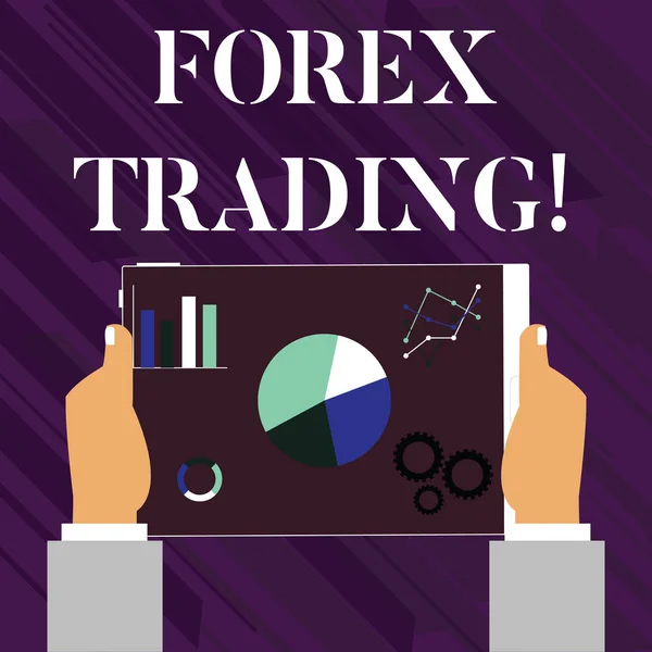 Handgeschreven tekst schrijven Forex Trading. Concept betekenis uitwisseling van valuta's tussen twee of meer landen handen houden tablet met Search Engine Optimization driver iconen op het scherm. — Stockfoto