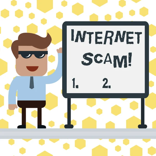Handwriting text writing Internet Scam. Concept meaning type of fraud or scam which makes use of the Internet Businessman Office Worker Sunglasses Blank Whiteboard Meeting Presentation.