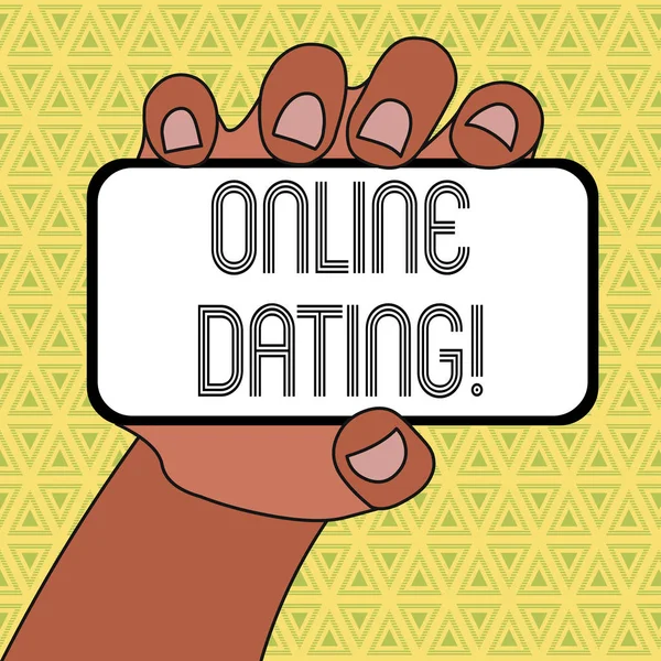 Word Γράφοντας κείμενο Online Dating. Επιχειρηματική ιδέα για την πρακτική της αναζήτησης ενός ροαναλυτικού συνεργάτη στο Internet Closeup της συσκευής Smartphone που πραγματοποιήθηκε στο χέρι με κενή οθόνη και χώρο κειμένου. — Φωτογραφία Αρχείου