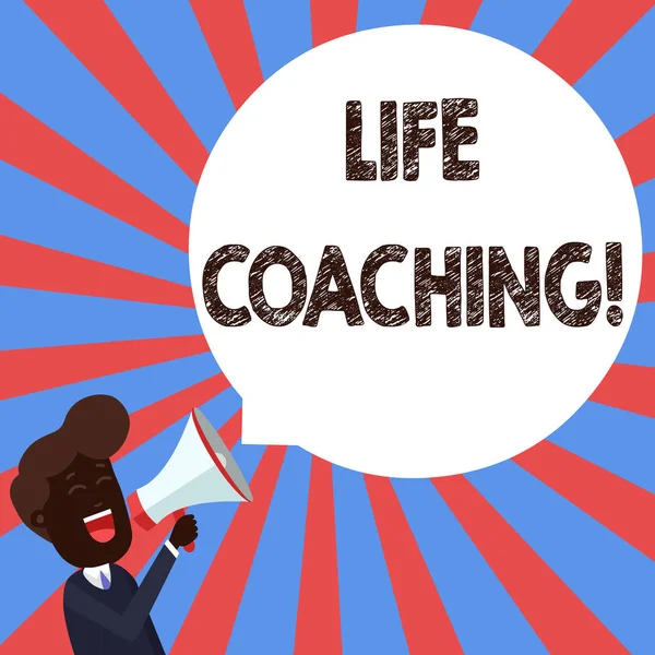 Text sign showing Life Coaching. Conceptual photo a demonstrating employed to help showing attain their goals in life Young Man Shouting into Megaphone Floating Round Shape Empty Speech Bubble.
