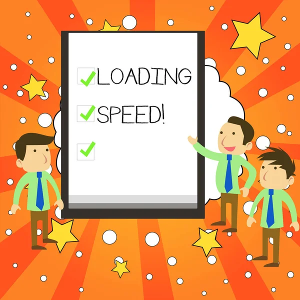 Writing note showing Loading Speed. Business photo showcasing time takes to download and display the content of a web page Business Colleagues Discuss Missions Presentation Whiteboard Ticks. — Stock Photo, Image