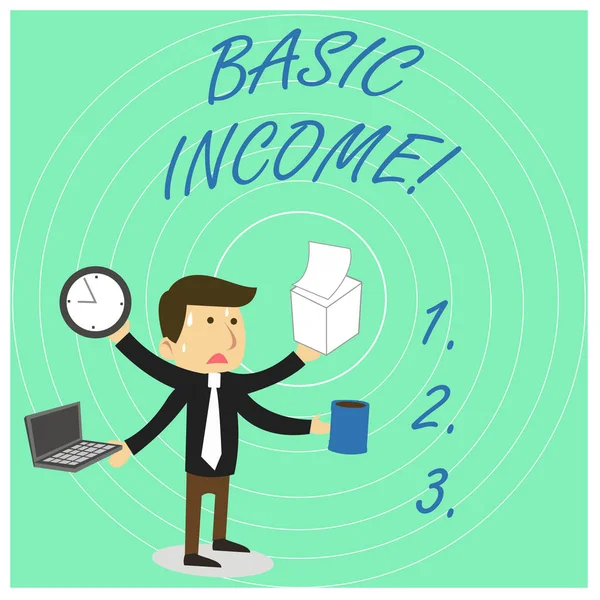 Handwriting text Basic Income. Concept meaning periodic cash payment unconditionally delivered Minimum income Stressed Out Male Employee Manager Many Armed Multitasking Meet Deadline. — Stock Photo, Image