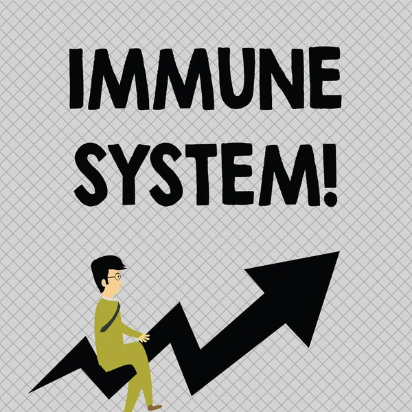 Conceptual hand writing showing Immune System. Business photo text host defense system comprising analysisy biological structures Businessman with Eyeglasses Riding Crooked Arrow Pointing Up.