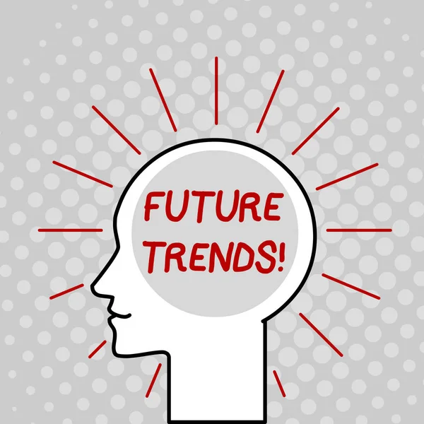 Writing note showing Future Trends. Business photo showcasing forecasts affecting technology customers and business Outline Silhouette Human Head Surrounded by Light Rays Blank Text Space.