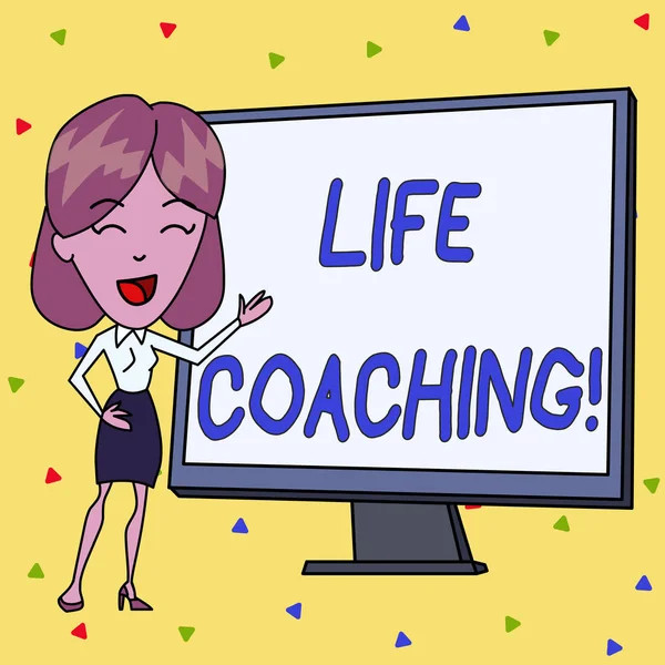 Почерк написания текстов Life Coaching. Концепция означает демонстрации, используемые, чтобы помочь показать достижения своих целей в жизни Белая женщина в стоя указывая на белый экран Презентация . — стоковое фото