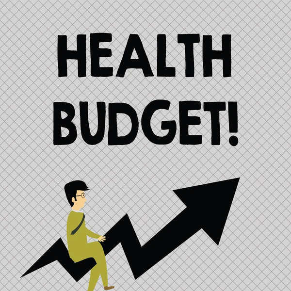 Conceptual hand writing showing Health Budget. Business photo text amount of money to support your health and wellbeing needs Businessman with Eyeglasses Riding Crooked Arrow Pointing Up. — Stock Photo, Image